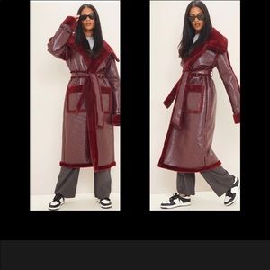 Pretty Little Things Tall Burgundy Vinyl Contrast Faux Fur Midi Coat *NEW*
